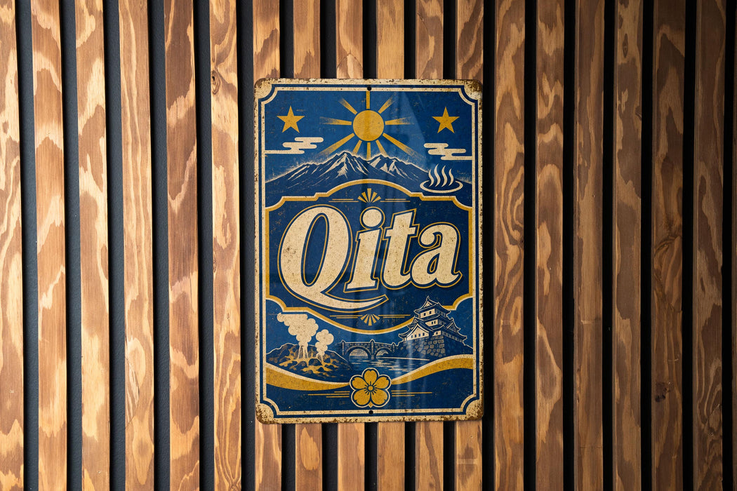A vintage-style metal sign with the word "Qita" displayed prominently in the center, surrounded by various decorative elements such as mountains, sun, and flowers.