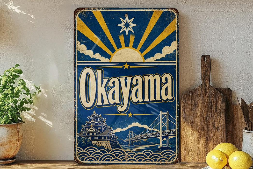 a vintage-style metal sign with the word "Okayama" prominently displayed, along with a sun and bridge illustration. The sign is placed on a shelf next to a potted plant and a wooden cutting board, creating a rustic and charming atmosphere.