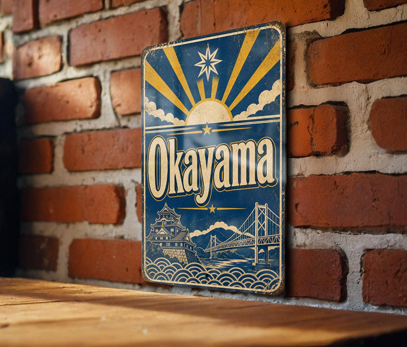 A vintage metal sign with the word "Okayama" displayed prominently, featuring a sun and bridge in the background.