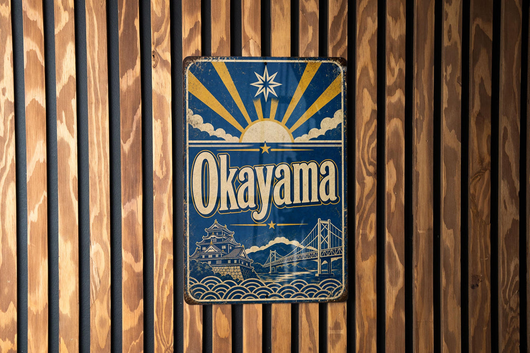 A vintage metal sign with the word "Okayama" displayed prominently, featuring a sun and clouds design, mounted on a wooden wall.