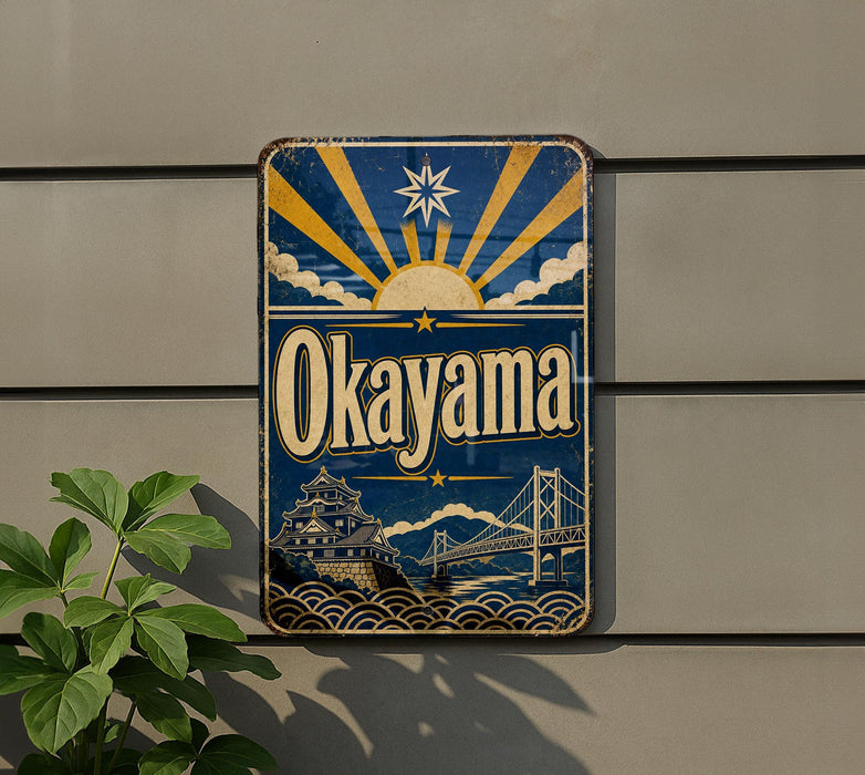 A vintage-style sign for "Okayama" is displayed on a wall, featuring a sun and clouds design with a bridge and castle in the background.