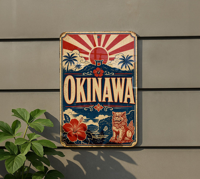 a vintage-style sign with the name "OKINAWA" prominently displayed, surrounded by various decorative elements such as a sun, palm trees, and a lion.