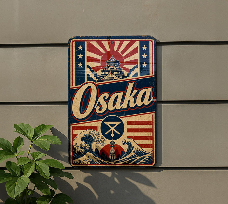 A vintage-style metal sign with the word "Osaka" prominently displayed, featuring a wave and a building with a Japanese-style roof.