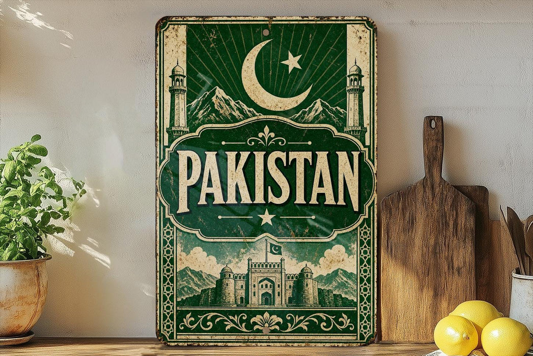 a vintage-style sign with the word "PAKISTAN" prominently displayed, surrounded by a green and white color scheme with a crescent moon and star motif. The sign is placed on a wooden surface, with a potted plant, a wooden cutting board, and some lemons nearby.