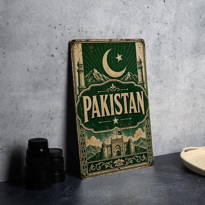 A vintage metal sign with the word "PAKISTAN" prominently displayed, featuring a crescent moon and star symbol, and a castle-like structure in the background.