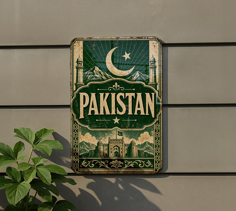 a sign with the word "PAKISTAN" prominently displayed, surrounded by various architectural elements and a crescent moon symbol.