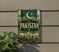 a sign with the word "PAKISTAN" prominently displayed, surrounded by various architectural elements and a crescent moon symbol.
