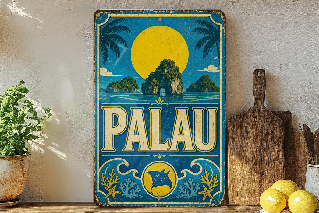 A vintage-style metal sign with a tropical island landscape and a large yellow sun in the sky, featuring the word "PALAU" prominently displayed.