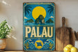 A vintage-style metal sign with a tropical island landscape and a large yellow sun in the sky, featuring the word "PALAU" prominently displayed.