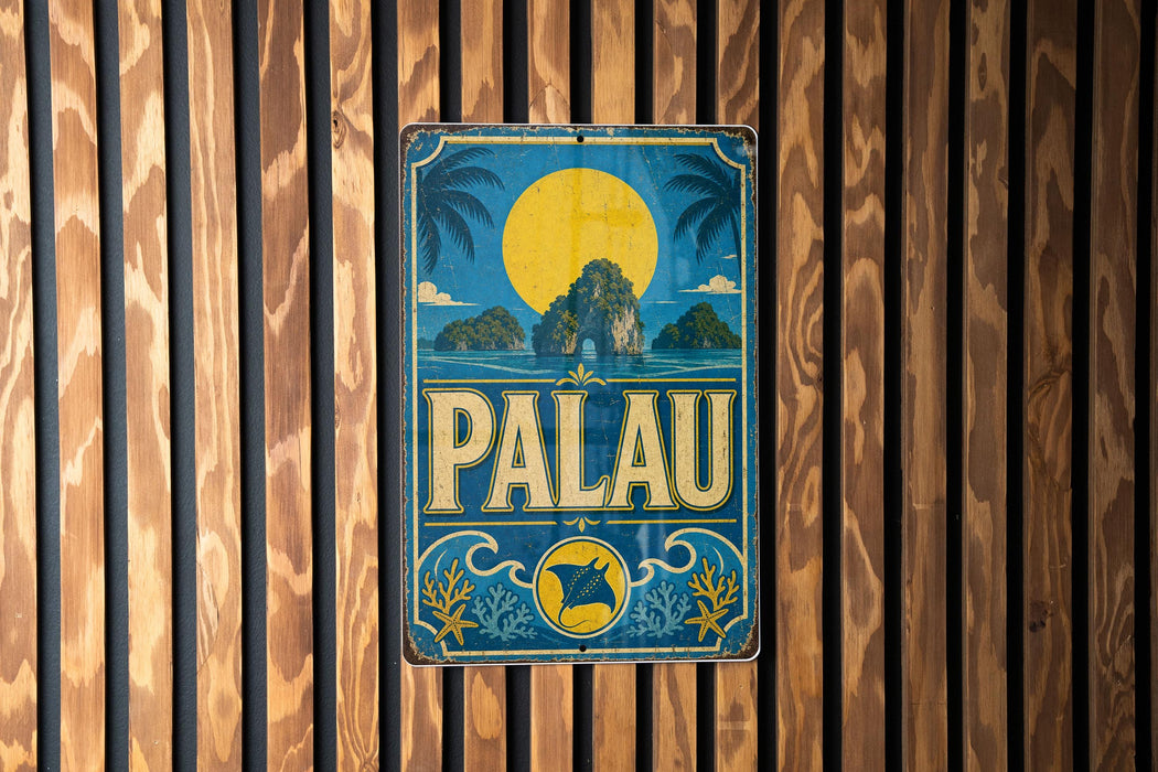 A vintage-style metal sign with a tropical island landscape and palm trees, featuring the word "PALAU" prominently displayed.