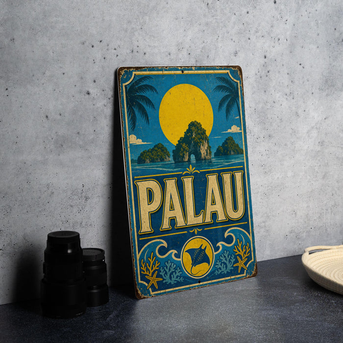 A vintage-style metal sign with a tropical island landscape and a large yellow sun in the sky, featuring the word "PALAU" prominently displayed.