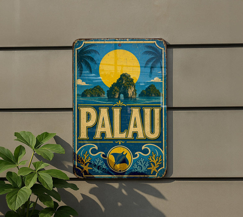 A vintage metal sign with a tropical island landscape and a large yellow sun in the sky, mounted on a wall.