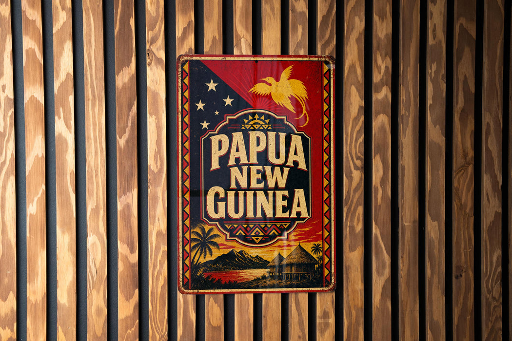 A vintage metal sign with the text "PAPUA NEW GUINEA" displayed prominently, featuring a bird and tropical landscape.