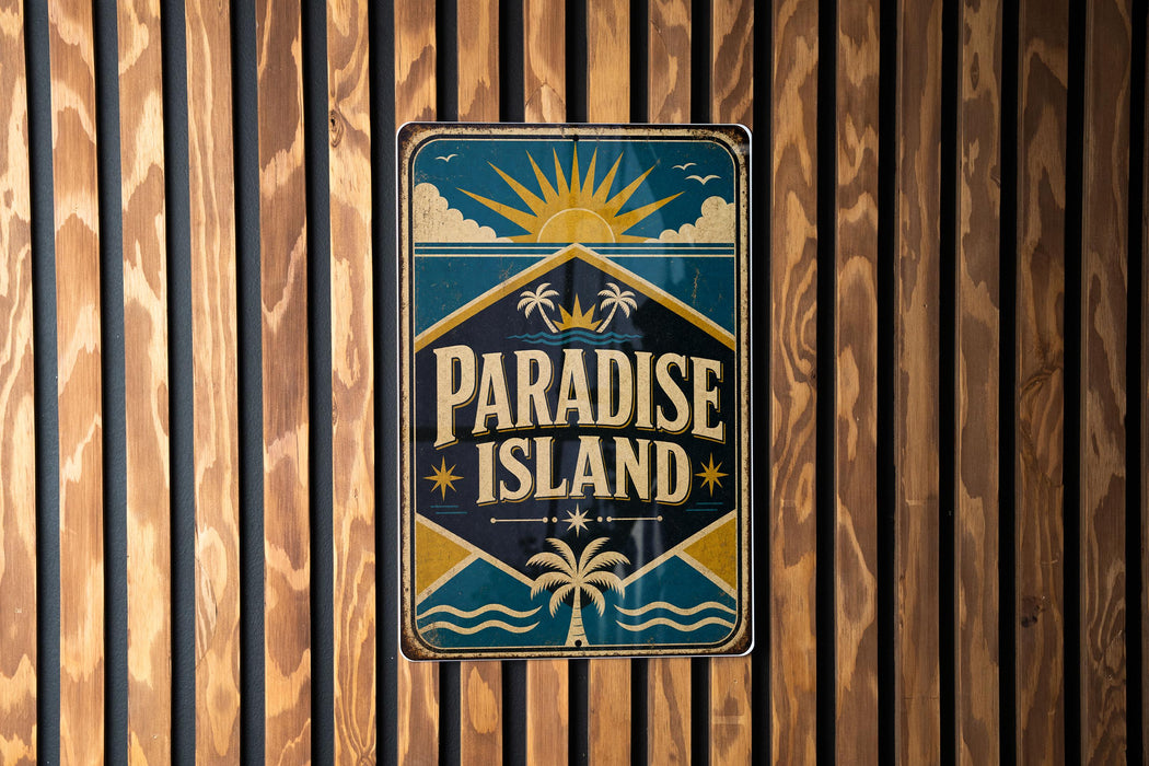 A vintage-style metal sign with the text "Paradise Island" displayed prominently in the center, surrounded by tropical elements such as palm trees and a sun.