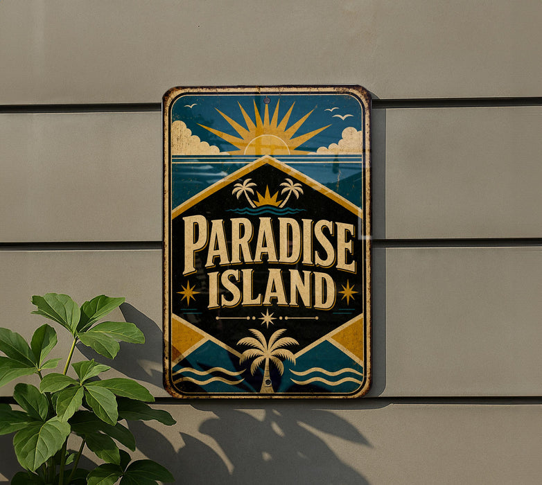 A vintage-style sign for "Paradise Island" is displayed on a wall, featuring a sun, palm trees, and a tropical landscape.