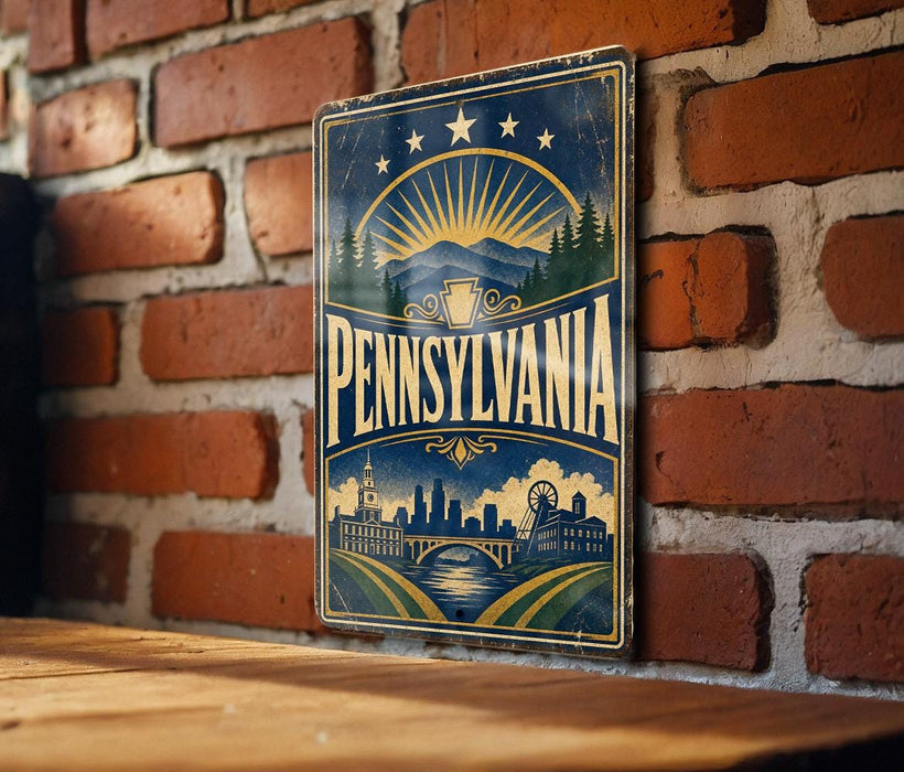 A vintage-style metal sign with the word "PENNSYLVANIA" prominently displayed, featuring a sunburst design and a cityscape illustration.