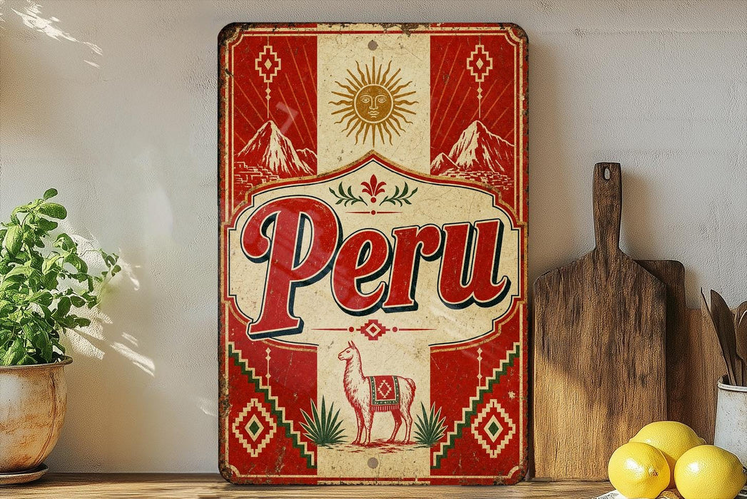 a vintage-style metal sign with the word "Peru" prominently displayed, surrounded by decorative elements such as a sun, mountains, and a llama. The sign is placed on a shelf next to a wooden cutting board and a potted plant, creating a rustic and charming atmosphere.