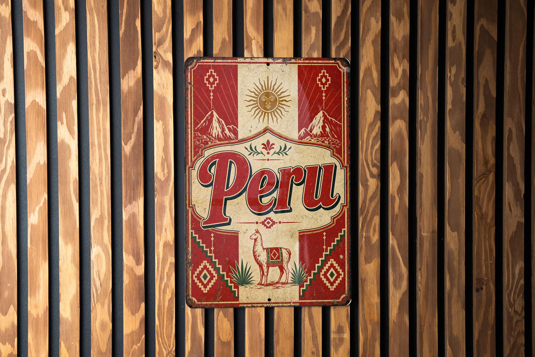 A vintage metal sign with the word "Peru" displayed prominently in the center, surrounded by decorative elements such as a sun, mountains, and a llama.