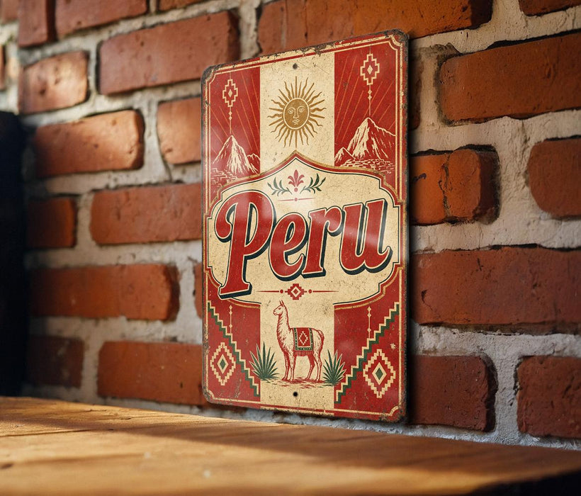 A vintage-style metal sign with the word "Peru" prominently displayed, mounted on a brick wall.