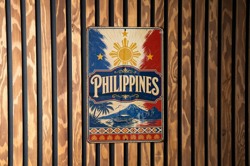 A vintage-style metal sign with the word "PHILIPPINES" prominently displayed, featuring a sun and palm trees, against a wooden background.