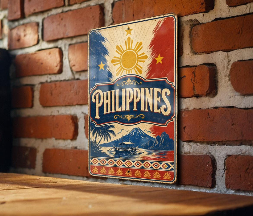 A vintage-style metal sign with the word "PHILIPPINES" prominently displayed, featuring a sun and palm trees, is mounted on a brick wall.