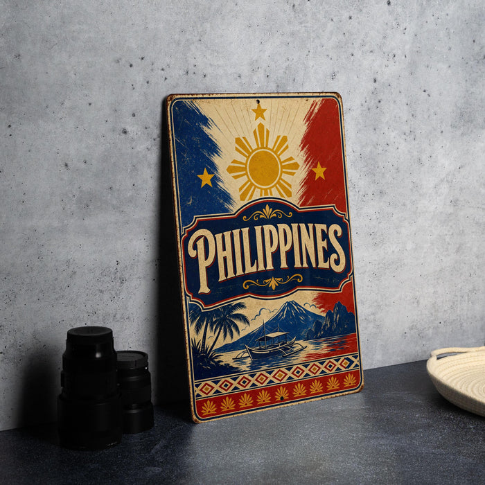 A vintage-style metal sign with the word "PHILIPPINES" prominently displayed, featuring a sun and palm trees, is leaning against a concrete wall.