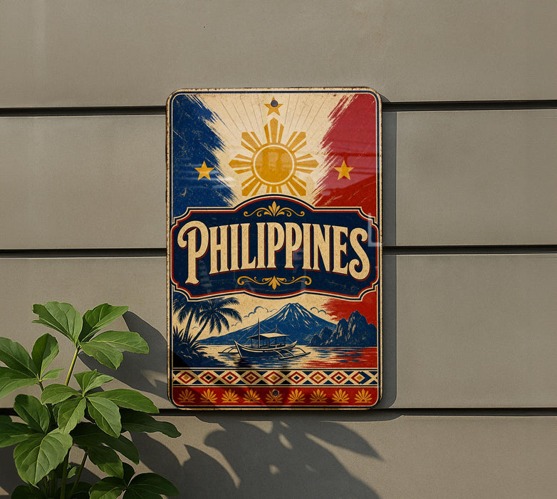 A decorative sign with the word "PHILIPPINES" prominently displayed, featuring a sun and palm trees, against a backdrop of a building.