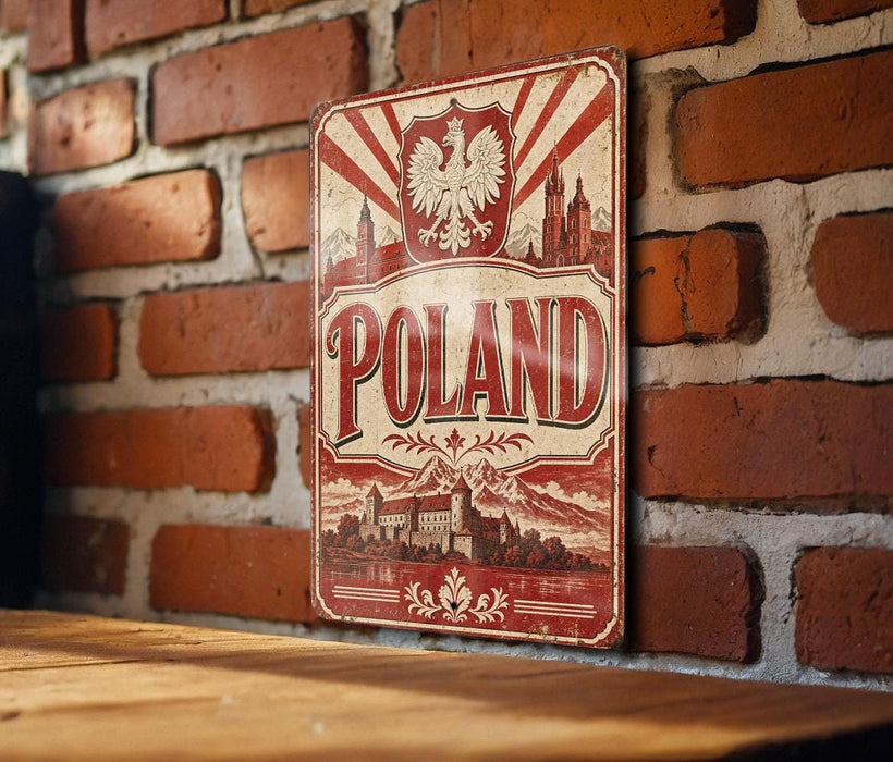 A vintage-style metal sign with the word "POLAND" prominently displayed, featuring a red and white color scheme and an illustration of a castle or palace. The sign is mounted on a brick wall, and there is a wooden table in the foreground.