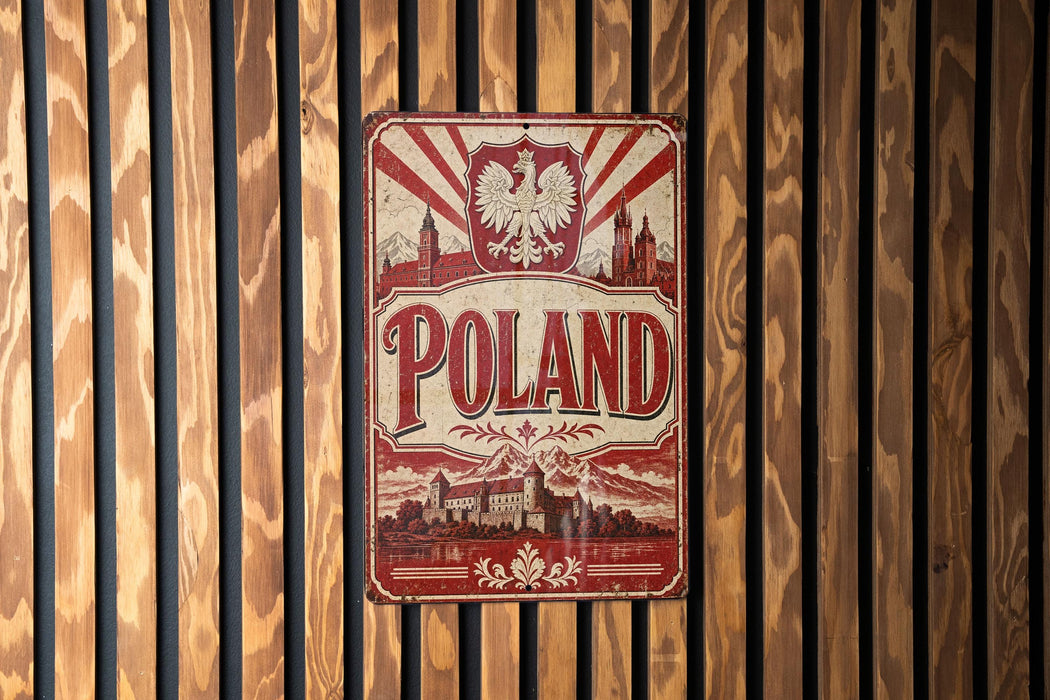 A vintage metal sign with the word "POLAND" prominently displayed, featuring a red and white color scheme and a stylized illustration of a Polish castle.