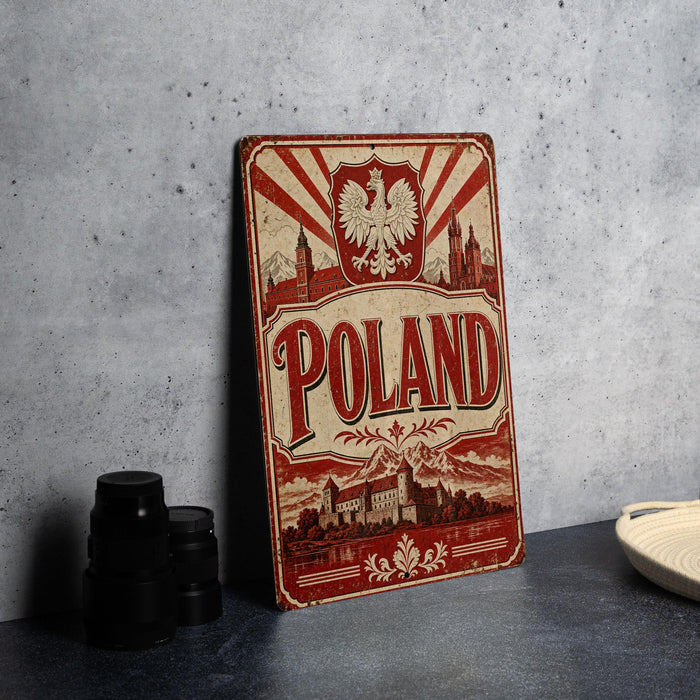 A vintage-style metal sign with the word "POLAND" prominently displayed, featuring a red and white color scheme and an illustration of a castle and mountains.