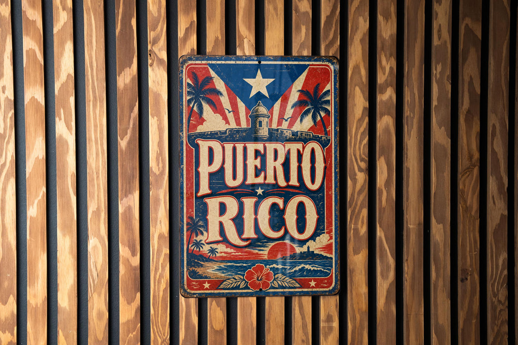 A vintage-style sign with the text "PUERTO RICO" displayed prominently, featuring a red, white, and blue color scheme with a lighthouse and palm trees.