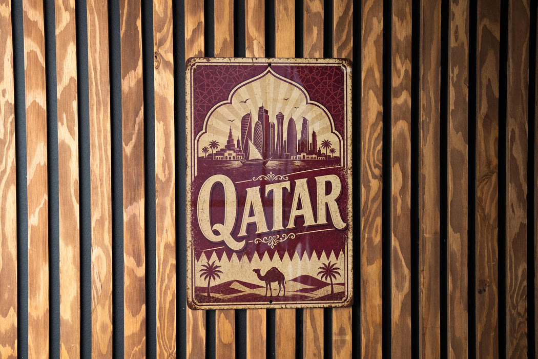 a vintage-style sign with the word "Qatar" prominently displayed, mounted on a wooden wall.