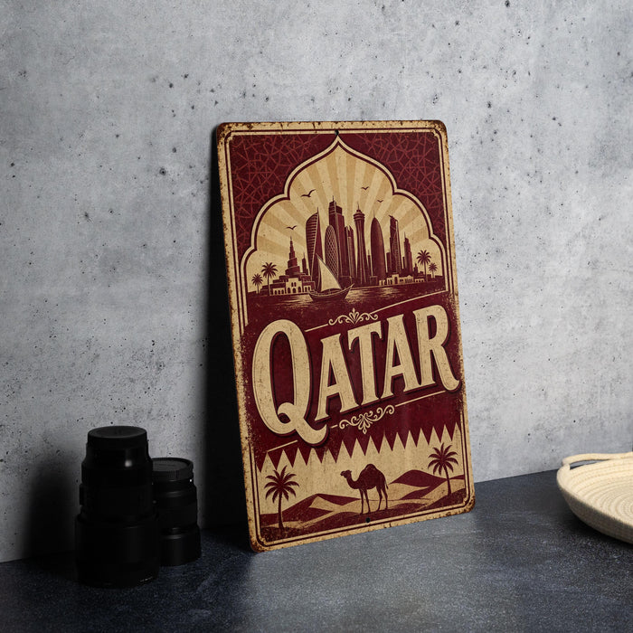 A vintage-style metal sign with the word "Qatar" prominently displayed, featuring a desert landscape and a camel silhouette.
