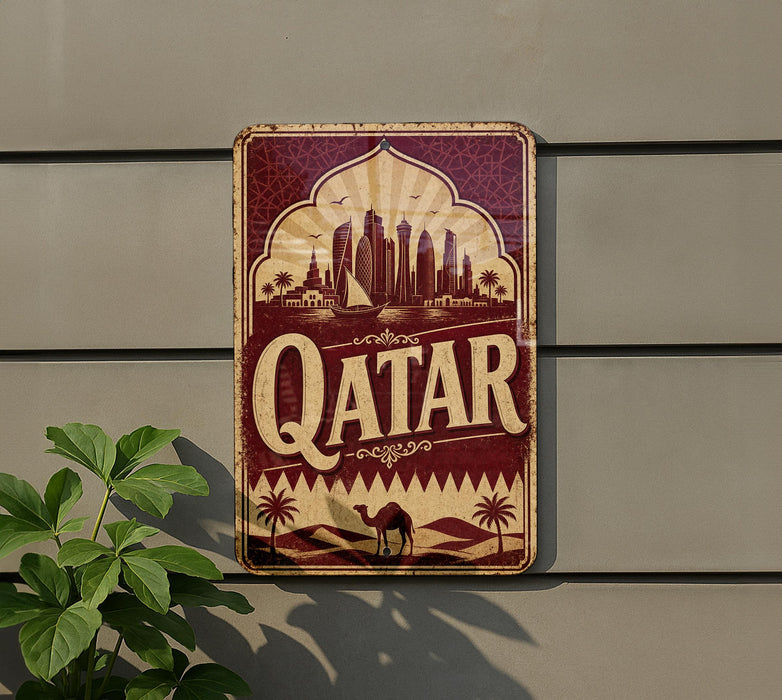 a vintage-style sign with the word "Qatar" prominently displayed, along with a desert landscape and a camel.