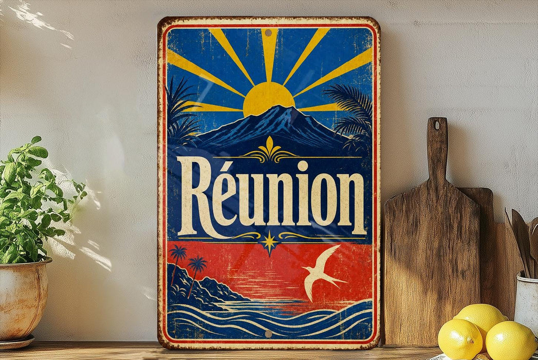 A vintage-style metal sign with a tropical landscape and sun design, featuring the word "Reunion" prominently displayed.