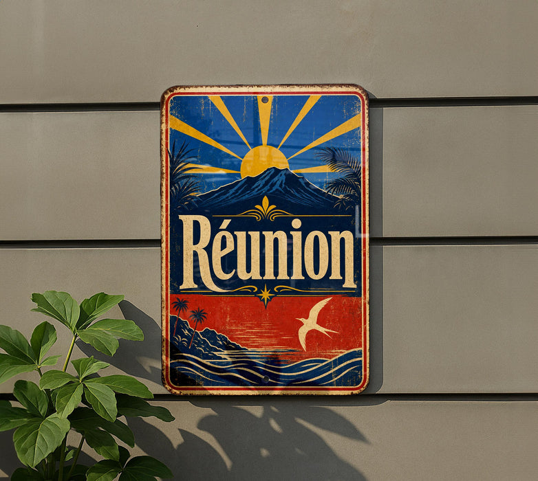 A vintage-style sign for Reunion beer, featuring a sun and palm trees, is displayed on a wall next to a plant.