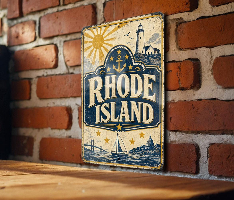 A vintage-style metal sign with the text "RHODE ISLAND" and a lighthouse illustration is displayed on a brick wall.