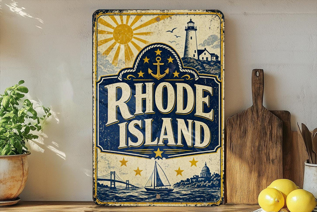A vintage-style sign for Rhode Island featuring a lighthouse, sun, and ship, along with the text "RHODE ISLAND" prominently displayed.