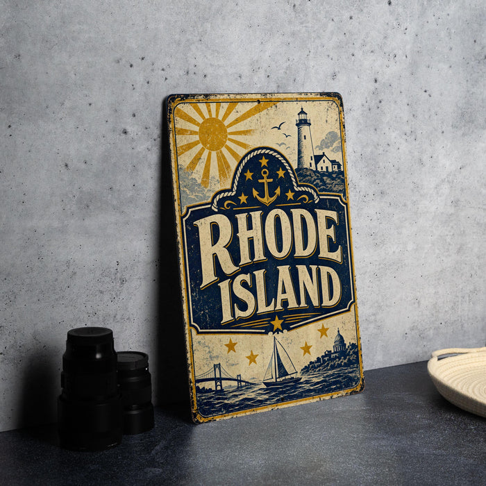 A vintage-style metal sign for Rhode Island, featuring a lighthouse, sun, and other nautical elements, is displayed on a gray countertop.