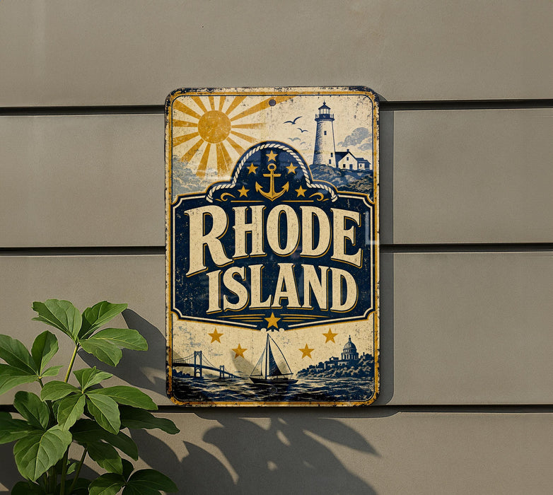 a vintage-style sign for Rhode Island, with a lighthouse and a sun in the background.