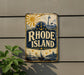 a vintage-style sign for Rhode Island, with a lighthouse and a sun in the background.
