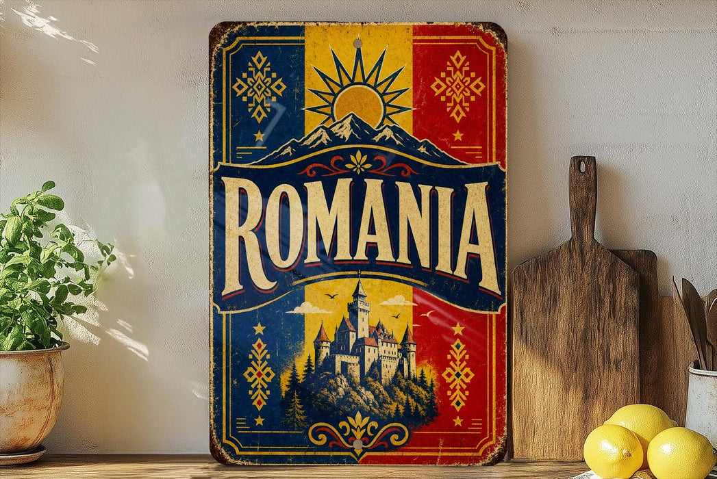 a vintage-style metal sign with the word "ROMANIA" prominently displayed, surrounded by a colorful border with a castle illustration. The sign is placed on a shelf next to a potted plant and a wooden cutting board, creating a rustic and charming atmosphere.