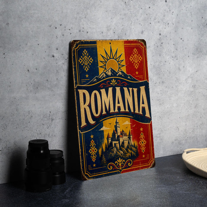 a vintage-style metal sign with the word "ROMANIA" prominently displayed, along with a castle and sun motif. The sign is placed on a gray surface, with a stack of black camera lenses and a white plate visible in the background.