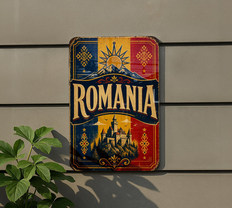 a vintage-style metal sign with the word "ROMANIA" prominently displayed in the center. The sign is mounted on a wall, and there is a plant visible to the left of the sign.