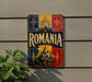 a vintage-style metal sign with the word "ROMANIA" prominently displayed in the center. The sign is mounted on a wall, and there is a plant visible to the left of the sign.