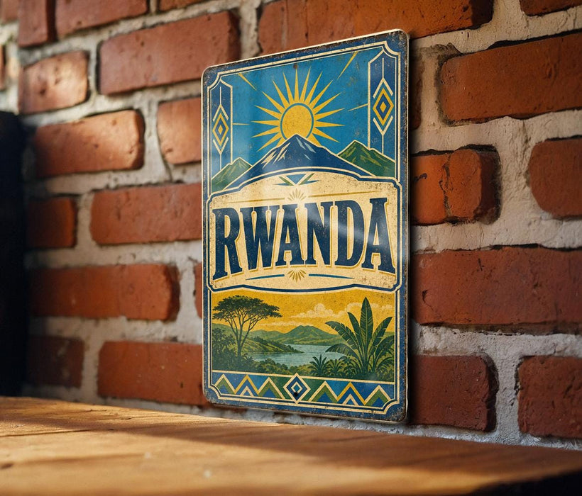 A vintage-style metal sign with the word " RWANDA" prominently displayed, featuring a sun and mountain landscape.