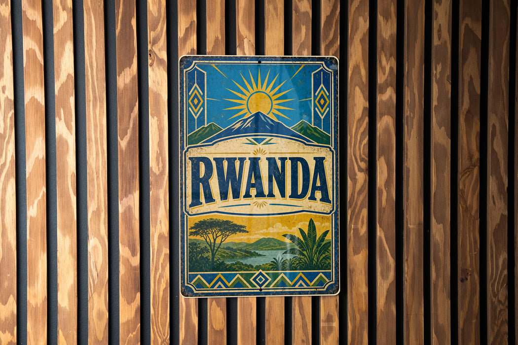a vintage-style sign with the word " RWANDA" prominently displayed, set against a wooden background with vertical slats.
