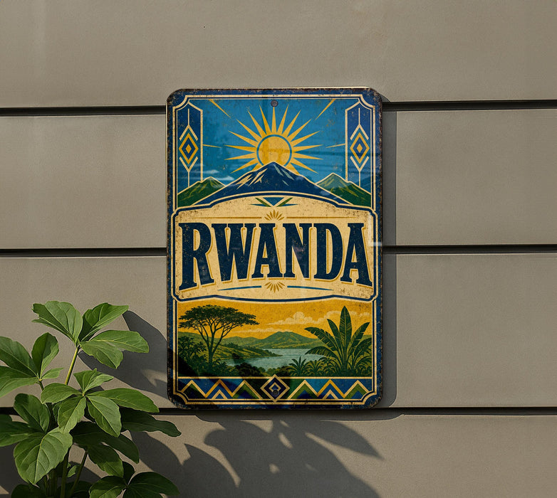 a vintage-style sign with the word " RWANDA" prominently displayed, set against a backdrop of a tropical landscape with palm trees and mountains.