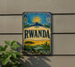 a vintage-style sign with the word " RWANDA" prominently displayed, set against a backdrop of a tropical landscape with palm trees and mountains.