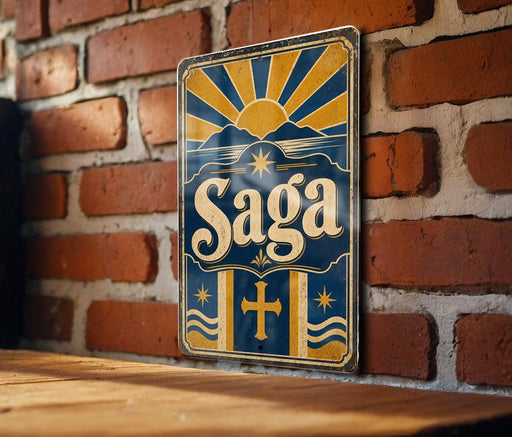 A vintage-style metal sign with a sun and mountain design, mounted on a brick wall.